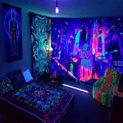 Black Light Tapestry Wall Hanging UV Reactive Psychedelic World Hippie for Bedroom Dorm Indie Room Decor