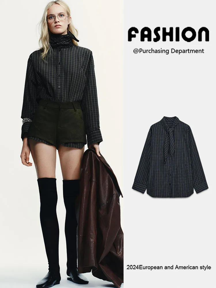 

Осенний женский повседневный комфортный костюм с длинным рукавом, шарфом и клетчатой рубашкой, универсальный, модный, в этническом стиле, для выступлений