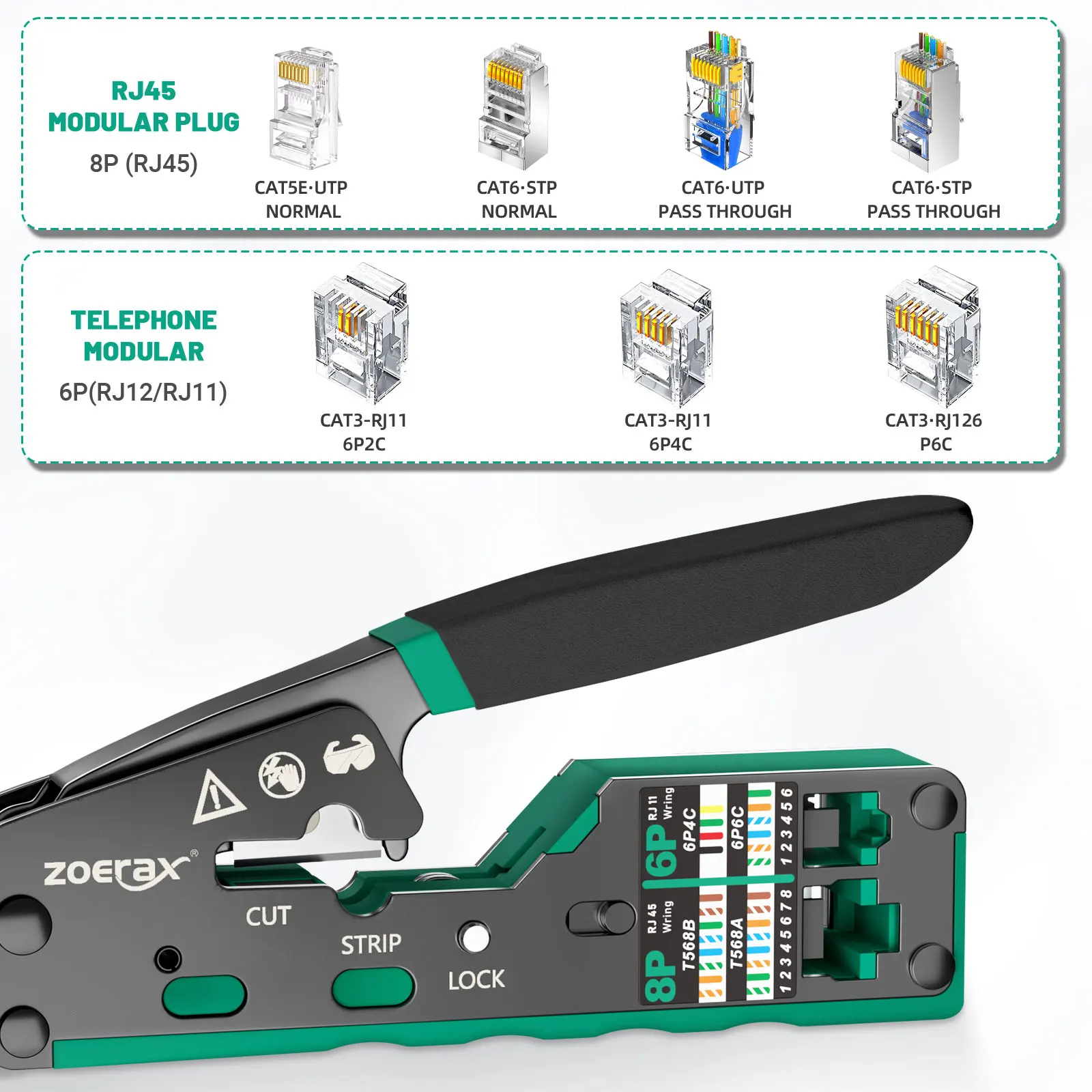 Imagem -06 - Zoerax Pass Through Crimper Cutter Conector Modular Ethernet Tudo-em-um Fio Ferramenta Rj45 Cat6 Cat5 Cat5e 8p8c