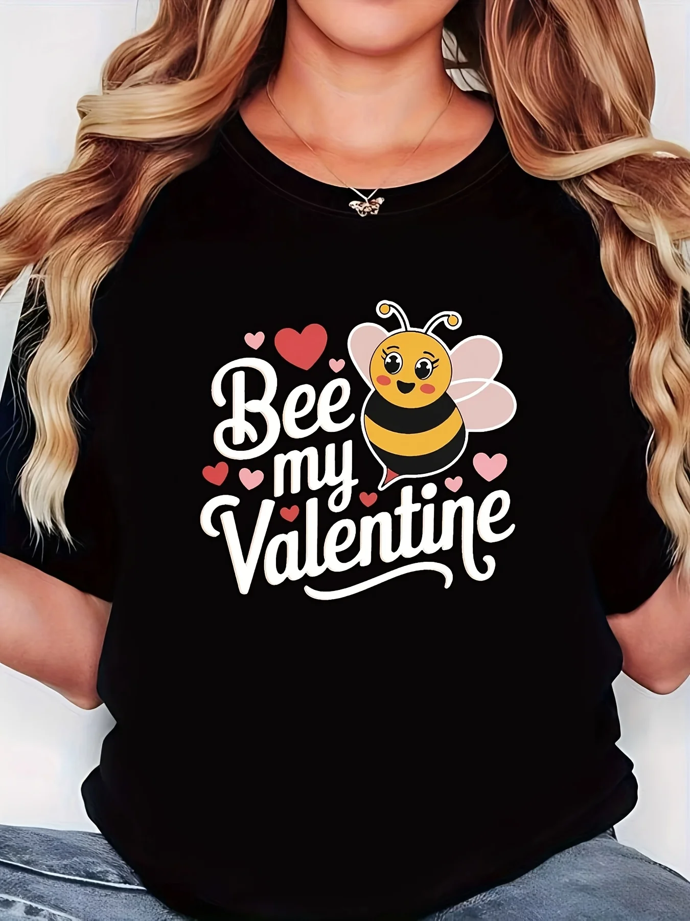 Women Bee My Valentine Heart Cartoon Print Black Short Sleeve Round Neck Tee Machine Washable Holiday Gift Casual Tops