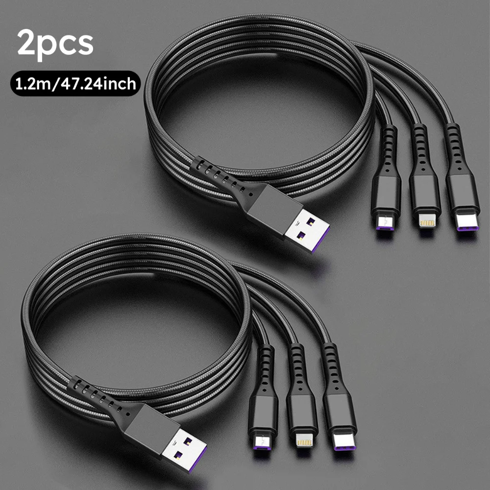 

Jogrytece 2pcs 1.2m/4ft 3 in 1 Weave USB Cable 3 in 1 USB Charging Cable with Type-C, Micro USB, IP Port For Most Phones