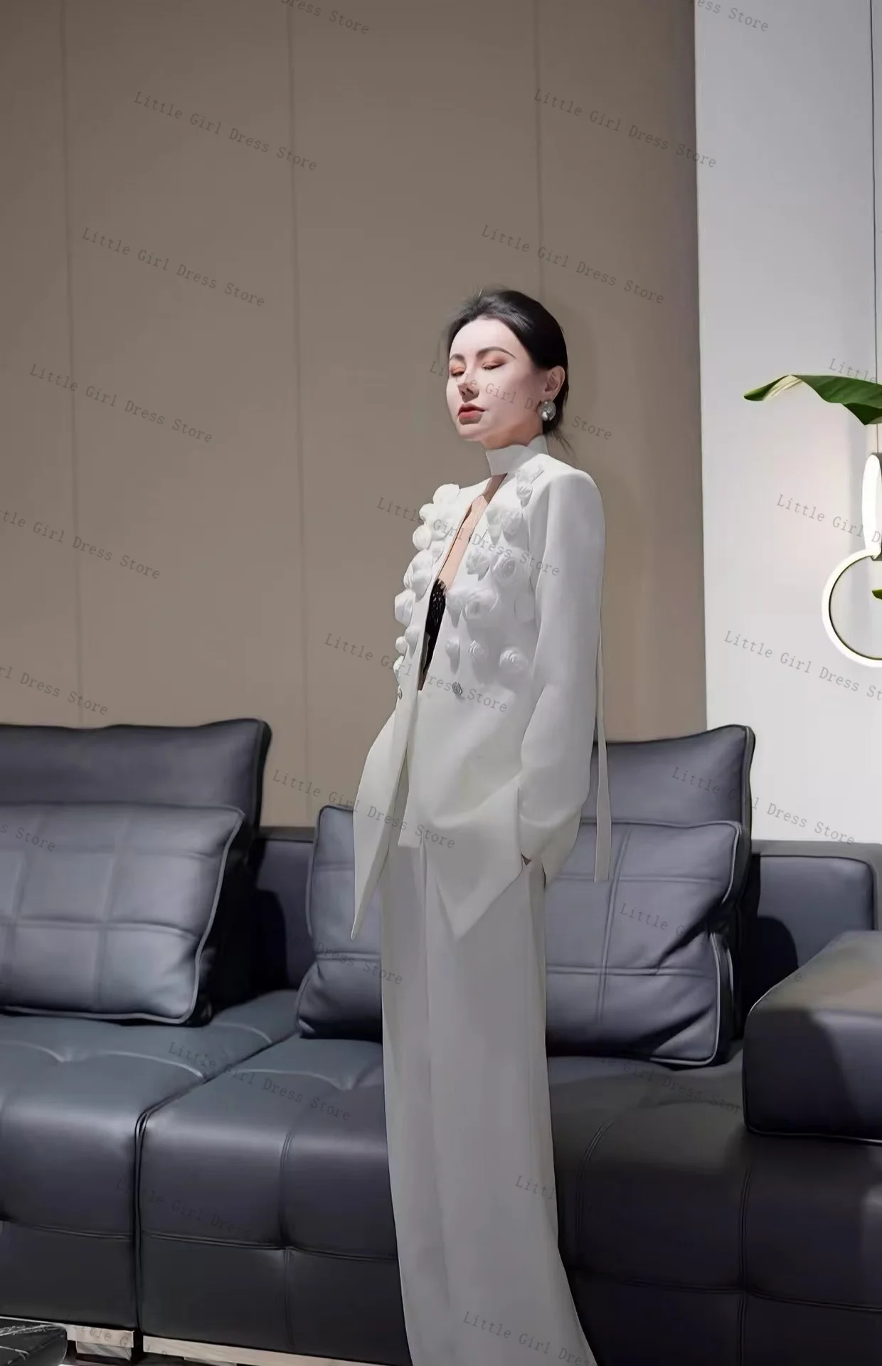 White Scarf Women Suit Set 2 Piece Blazer Pants Trouser 3D Flower Formal Office Lady Jacket Prom Wedding Bride Coat Customized