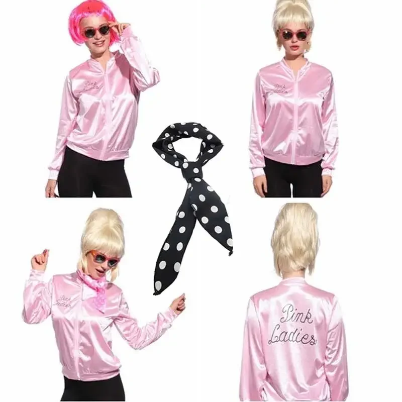 Pink Ladies Jacket Grease 2 Sandy Cosplay Costume With Scarf Adults 1950s Hen Party Ladies Themed Nights Ready to Ship Takerlama