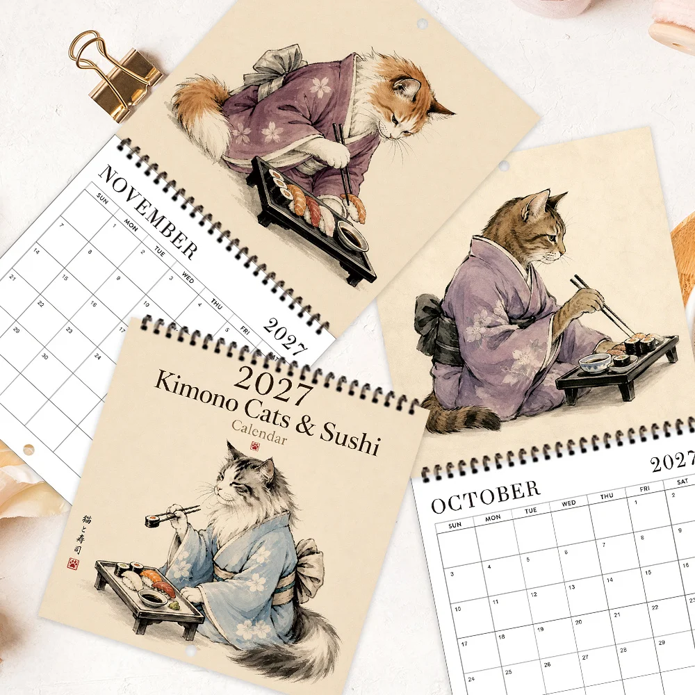 1pc 2027 Wall Calendar, Japanese Kimono Cat Theme, 12-month Monthly Planner, Perfect Gift For Birthdays, Christmas, New Year