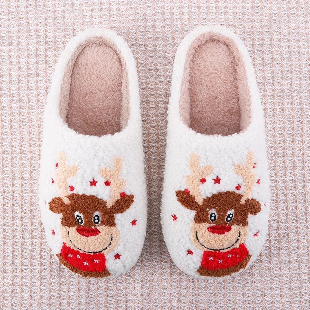 Christmas Elk Plush Slippers Anti Slip Warm Slip-on House Shoes Soft Couple Slippers Cartoon Elk Star Slippers for Autumn Winter