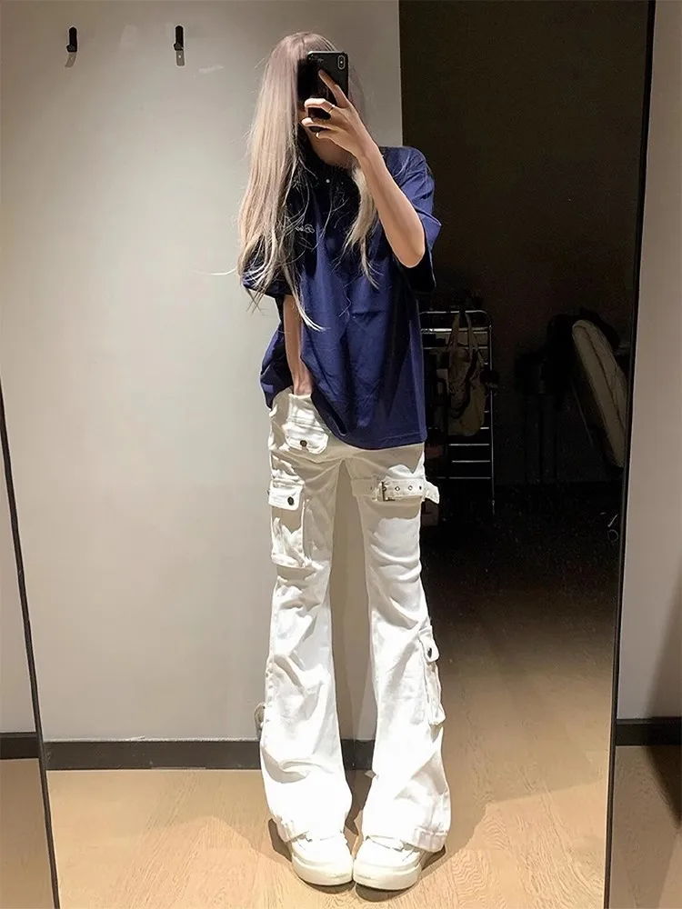 

Джинсы Cleanfit белые с поясом, мужские и женские, в американском уличном стиле, уникальный дизайн, прямые, слегка расклешенные, рабочие брюки