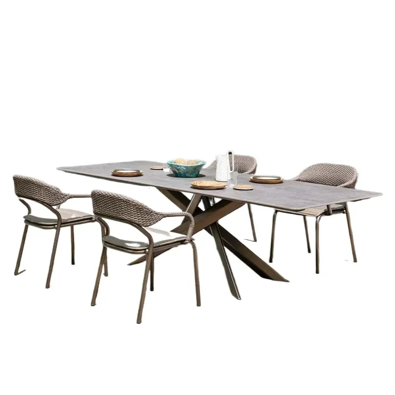 for Nordic Outdoor Dining Table and Chairs Rock Slab Balcony Creative Courtyard Simple Leisure Rattan Chair Three Piece