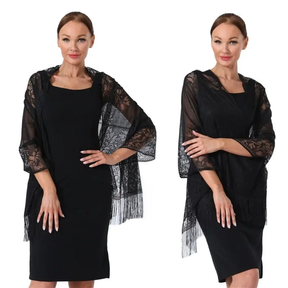 Cloak With Tassel Lace Shawl Hollow Solid Color Evening Prom Cape Tulle Shawl Party