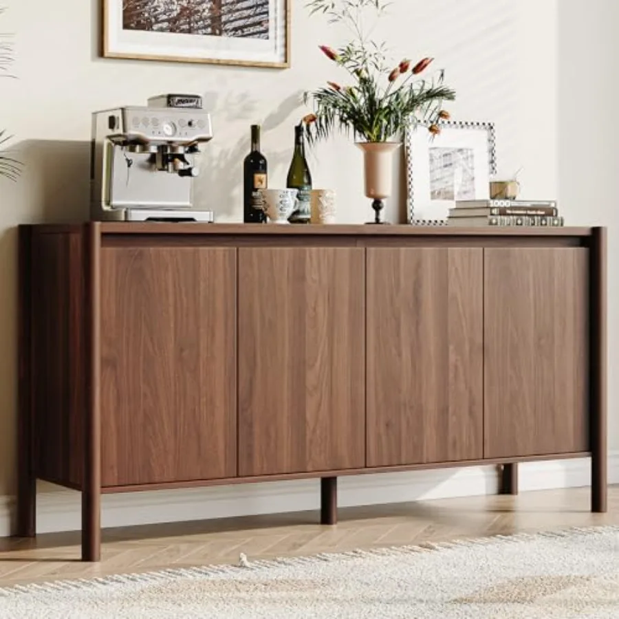59 Inch Buffet Cabinet for Dining Room, Mid Century Wood Sideboard Storage in Walnut Finish with Smooth Gliding Drawers