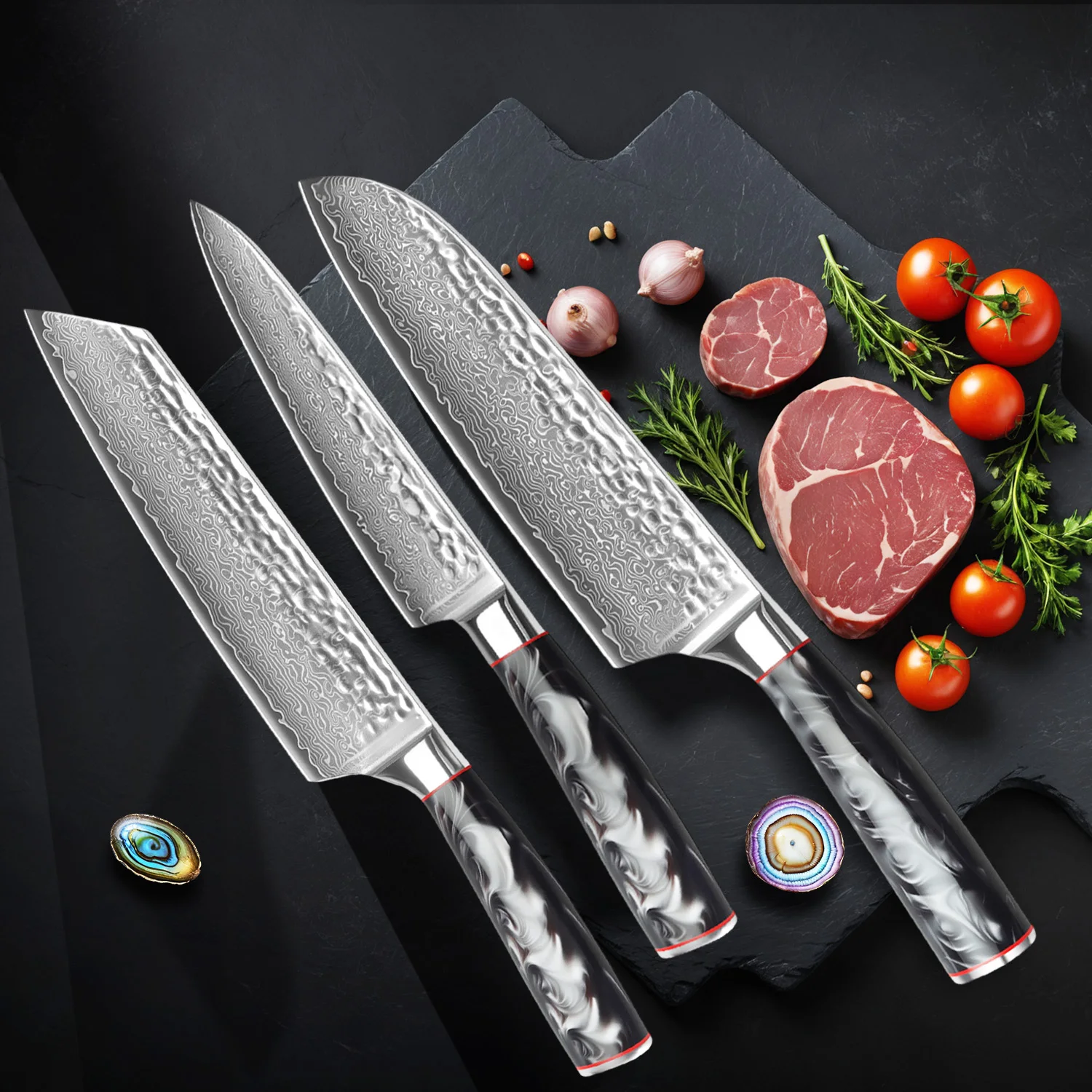 SIAZIH Damastmesser Set, 3-teiliges Messerset aus umweltfreundlichem & nachhaltigem 67 Schichten VG10 Damaststahl mit G10 Griff,Verarbeiten Sie mühelos eine Vielzahl von Zutaten, darunter Fleisch, Gemüse und Obst. – Detail 7