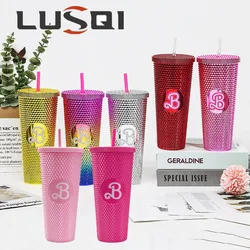 LUSQI 700ML 편지 B 박힌 텀블러 Crtystal B 두리안 커피 밀짚 컵 여행용 대용량 물병 홈 여행