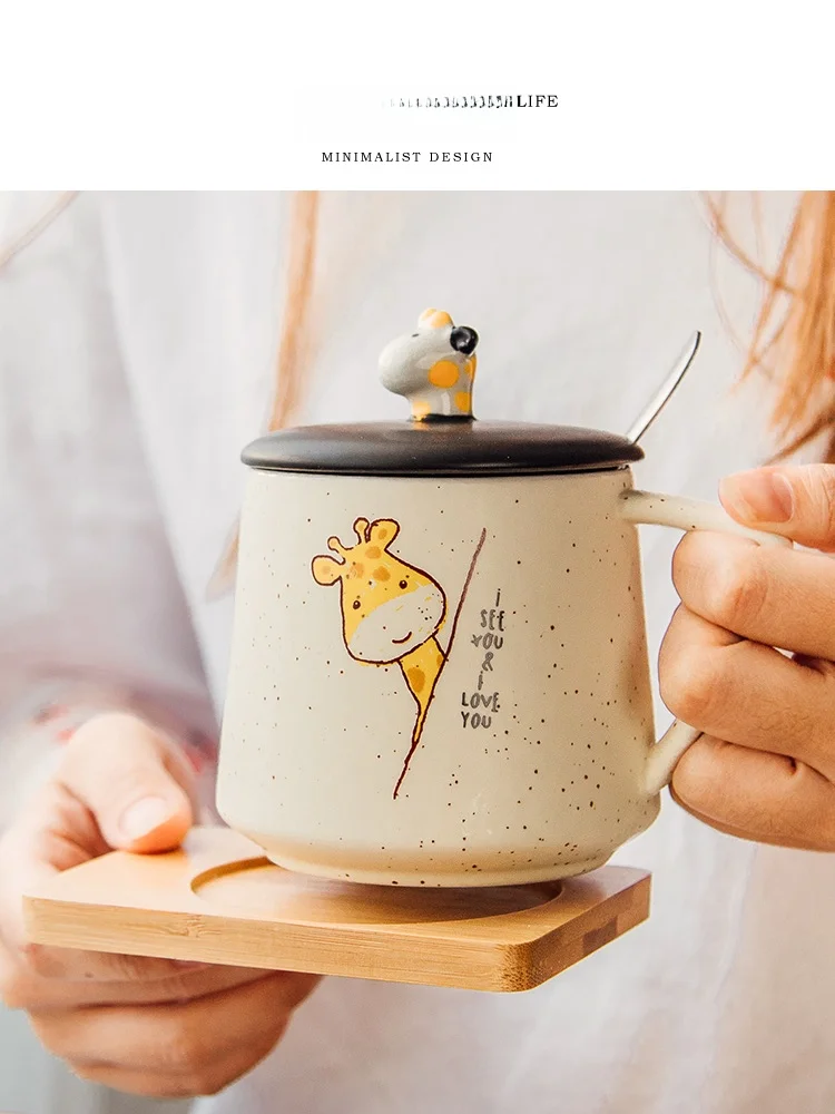

Creative Ceramic Coffee Mug with Lid And Spoon Couple Mugs Cute Cartoon Design Nordic Style Hand-Painted Illustration Home Use