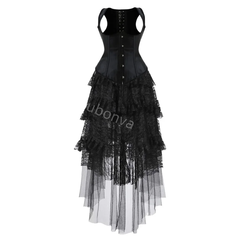 

Corset Dress Skrits Set With Bustier Irregular Costume Party Steampunk Burlesque Ladies Outfit Plus Size Gothic Halloween Black