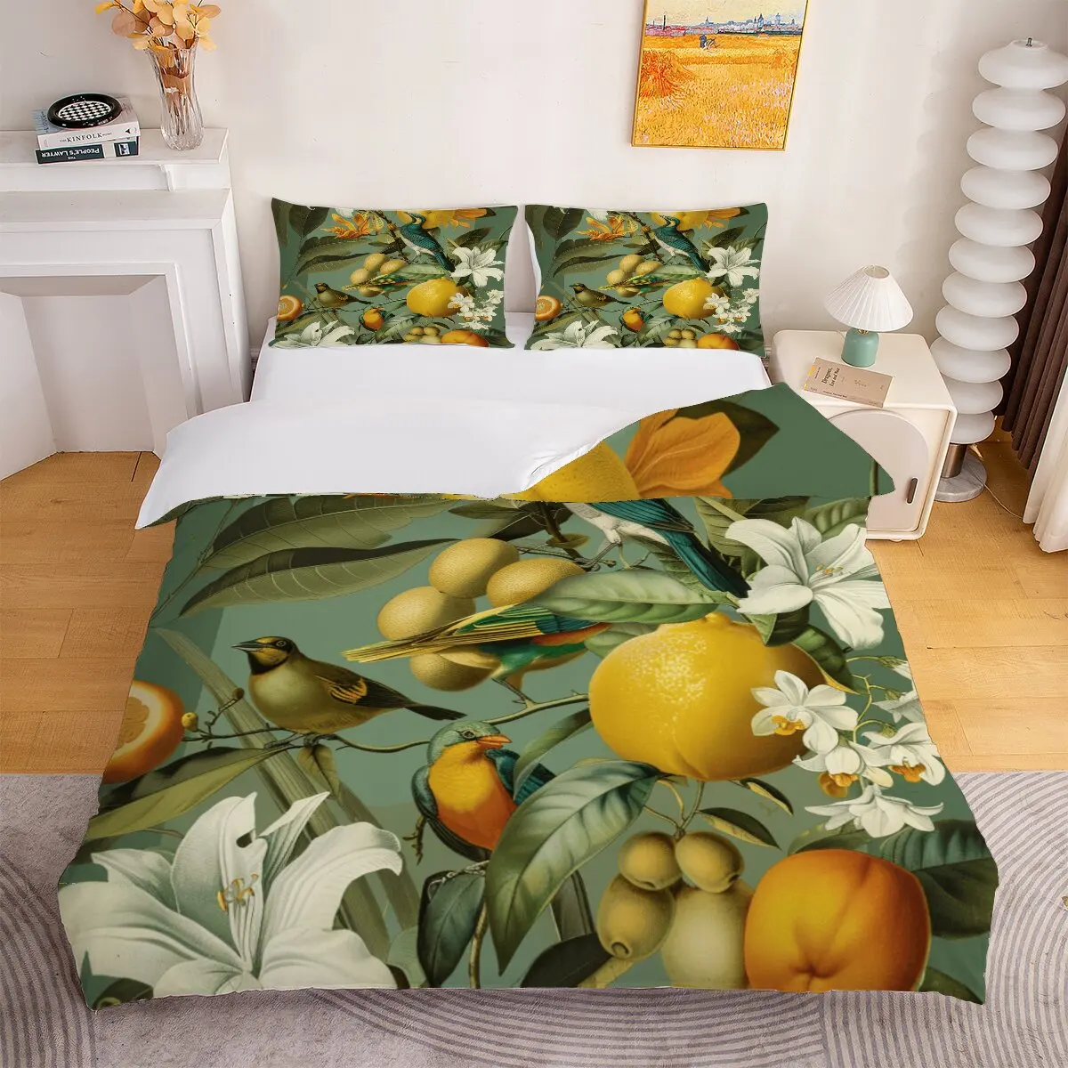 Parrots and oranges  Down comforter set, extra large size  canaries and  flowers  1 duvet cover, 2 pillowcases, 3 pieces