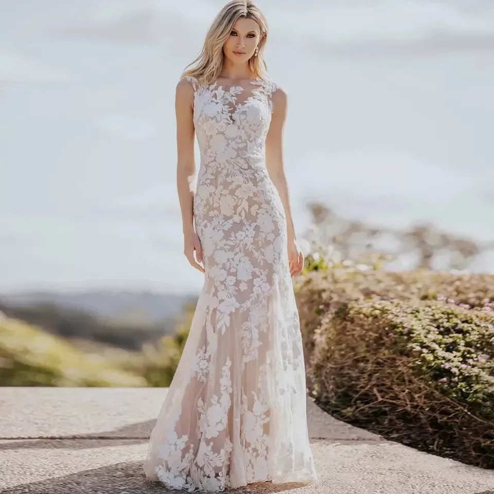 

Boho Mermaid Wedding Dresses Champagne liner With Ivory Lace Illusion Long Bridal Gown Customized 2025