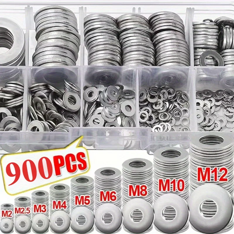 900pcs Stainless Steel Plain Washers Assortment Kit M2-M12 for DIY Machinery Projects Screw Fastener Hardware Accessories