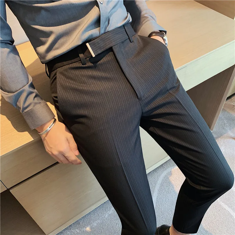 

2023 Autumn Casual Business Men Stripe Pants Fashion Slim Fit Long Trouser For Men's Mid Waist Design Pants Spring Streetwear