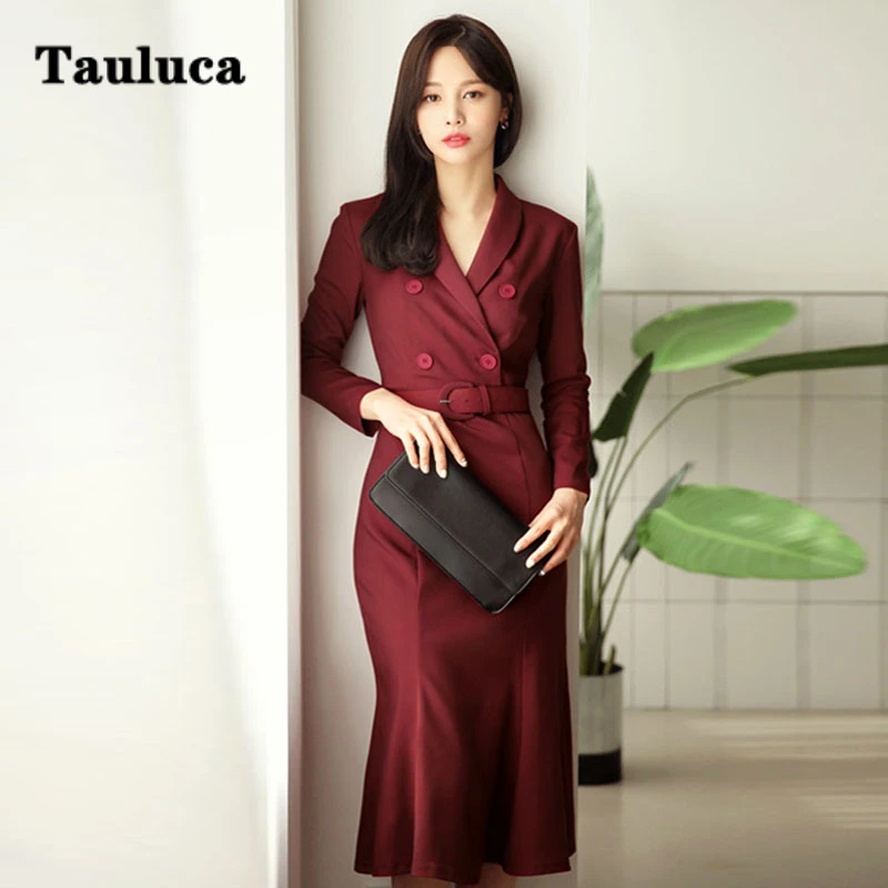 

Korean Version Women Long Sleeves Ruffled Dress 2023 Autumn New Ladies Workplace OL Formal Dresses Female Midi Dress With A Belt