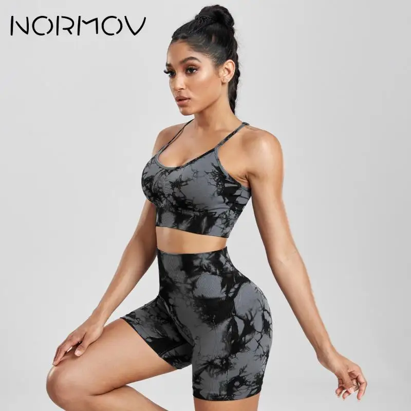 NORMOV 1/2Pcs Yoga Set Tie Dyeing Gym Sets for Women Pleated Tracksuit Woman High Waist Strapless Beauty Back Yoga Wear Push Up