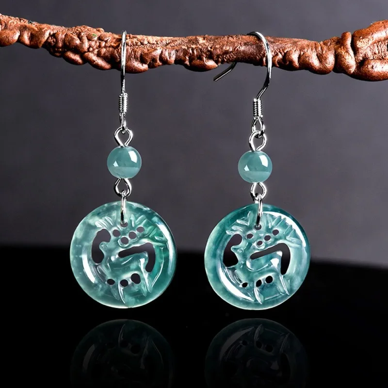 

Real Solid 925 Silver Natural Grade A Jade Jadeite Women Lucky Deer Circle Dangle Earrings