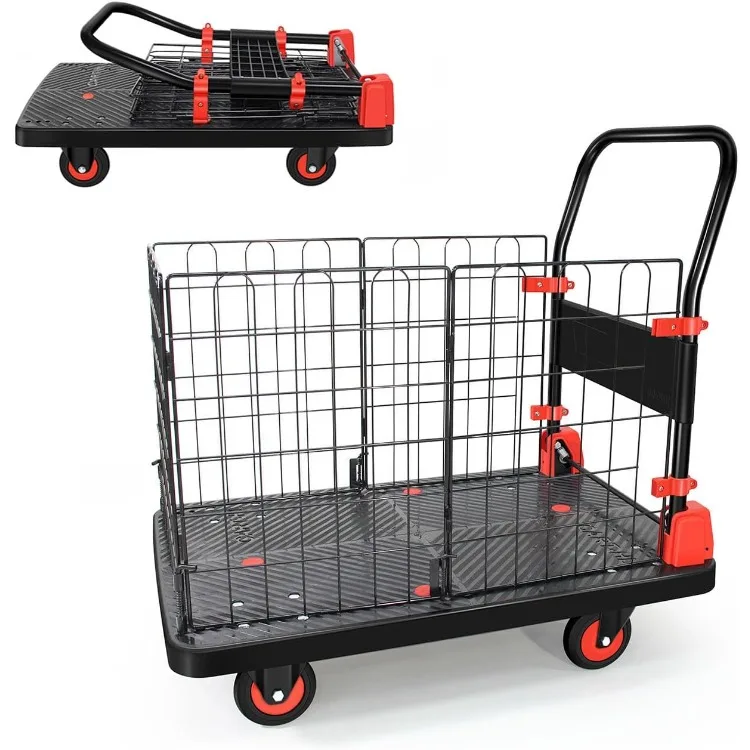 

Foldable Platform Truck with Cage Removable Cage Cart Platform Hand Truck Load 660lbs Multipurpose Grocery Cart Shopping