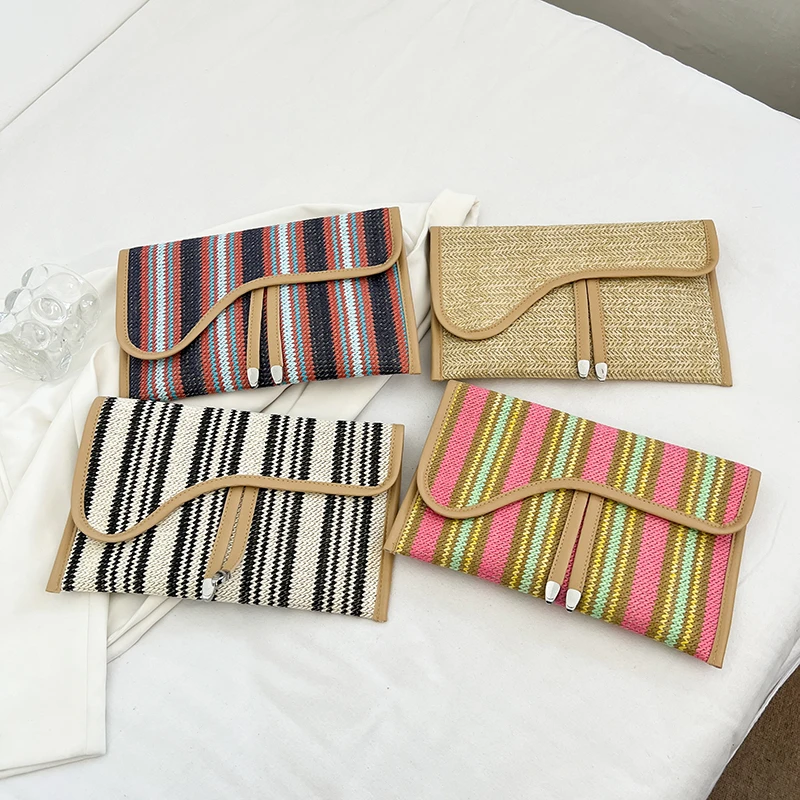 

Summer Trendy Bohemia Colorful Straw Clutch Bag Fashion Handmade Women Purses Striped Flap Envelope Bag Woven Hand Bag