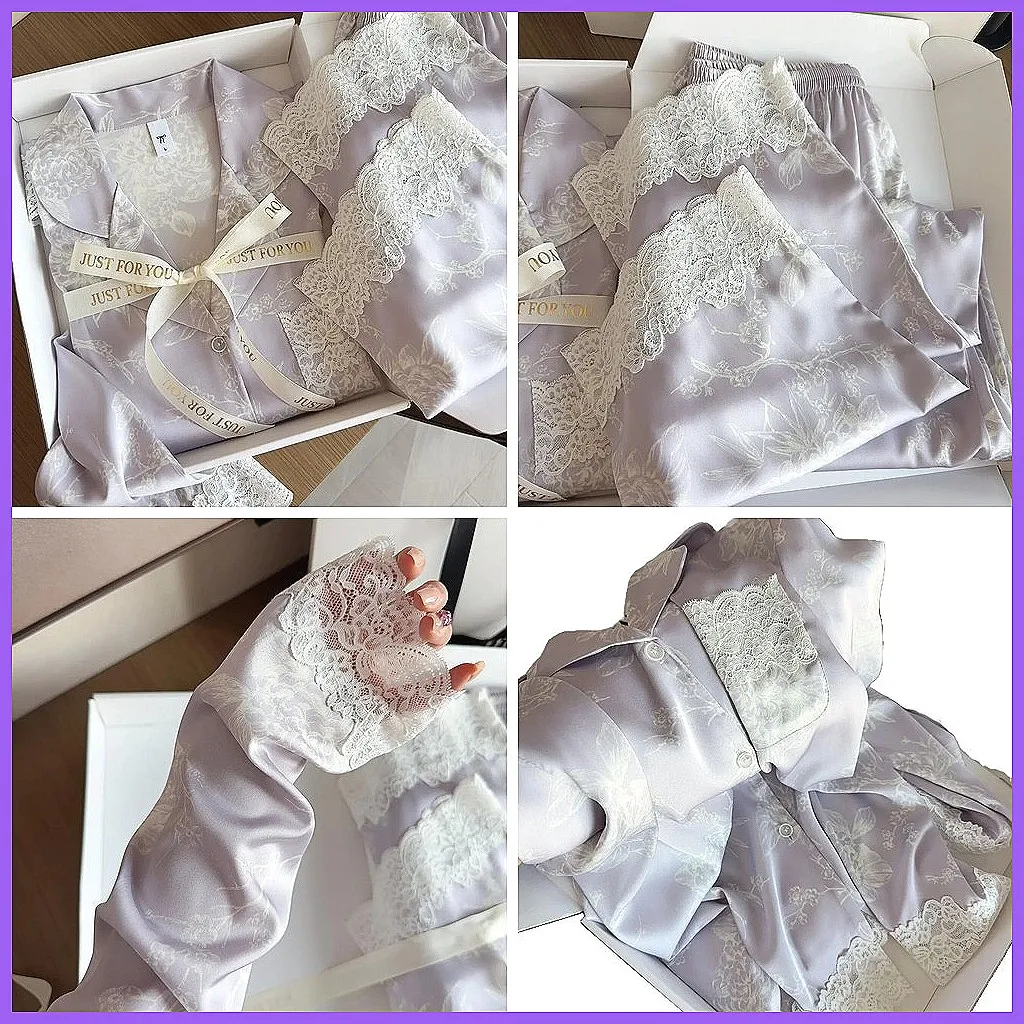 

Women's Summer Lace Trim Pajama Set, Long Sleeve Comfortable Two-Piece Homewear