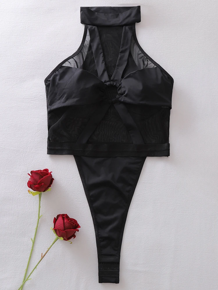 Belamimi Hot Sexy Women's Bodysuit Seductive Babydoll Lace Halter Sexy Lingerie Erotic Corset Jumpsuit Hollow Perspective