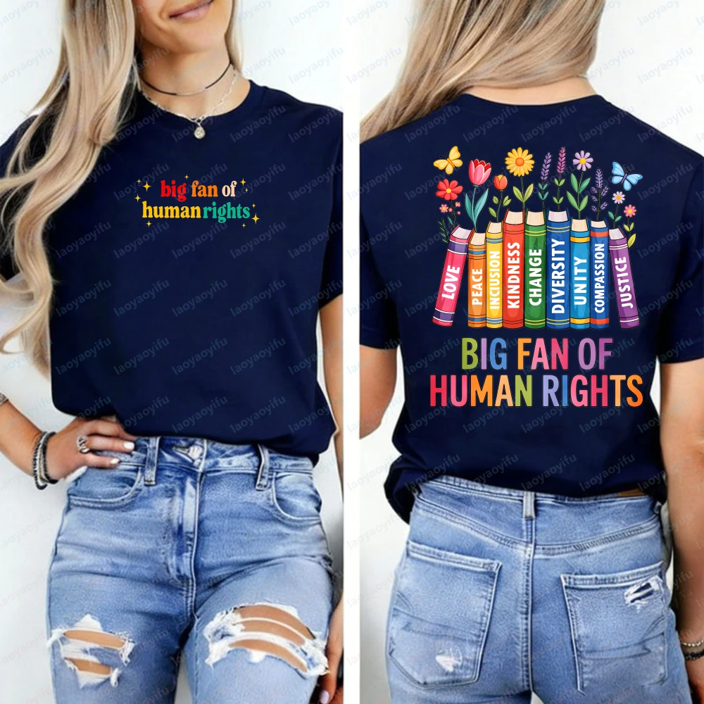 Big Fan of Human Rights Vintage Floral Rainbow Funny Protest Shirt Graphic T Shirts Aesthetic Clothes High Quality Cotton Tops