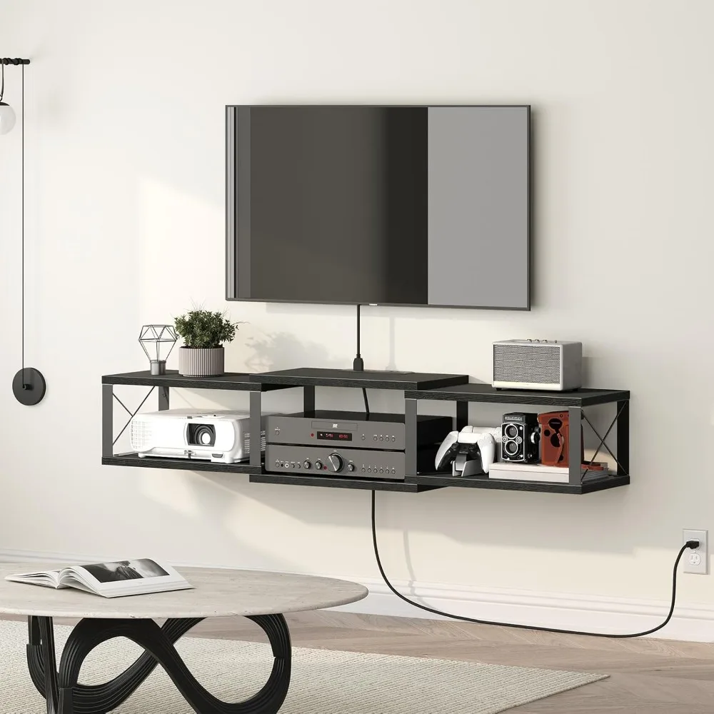 

Floating TV Stand with Power Outlet, Wall-Mounted Entertainment Console Center with Storage, Floating Metal Frame TV Shelf for U