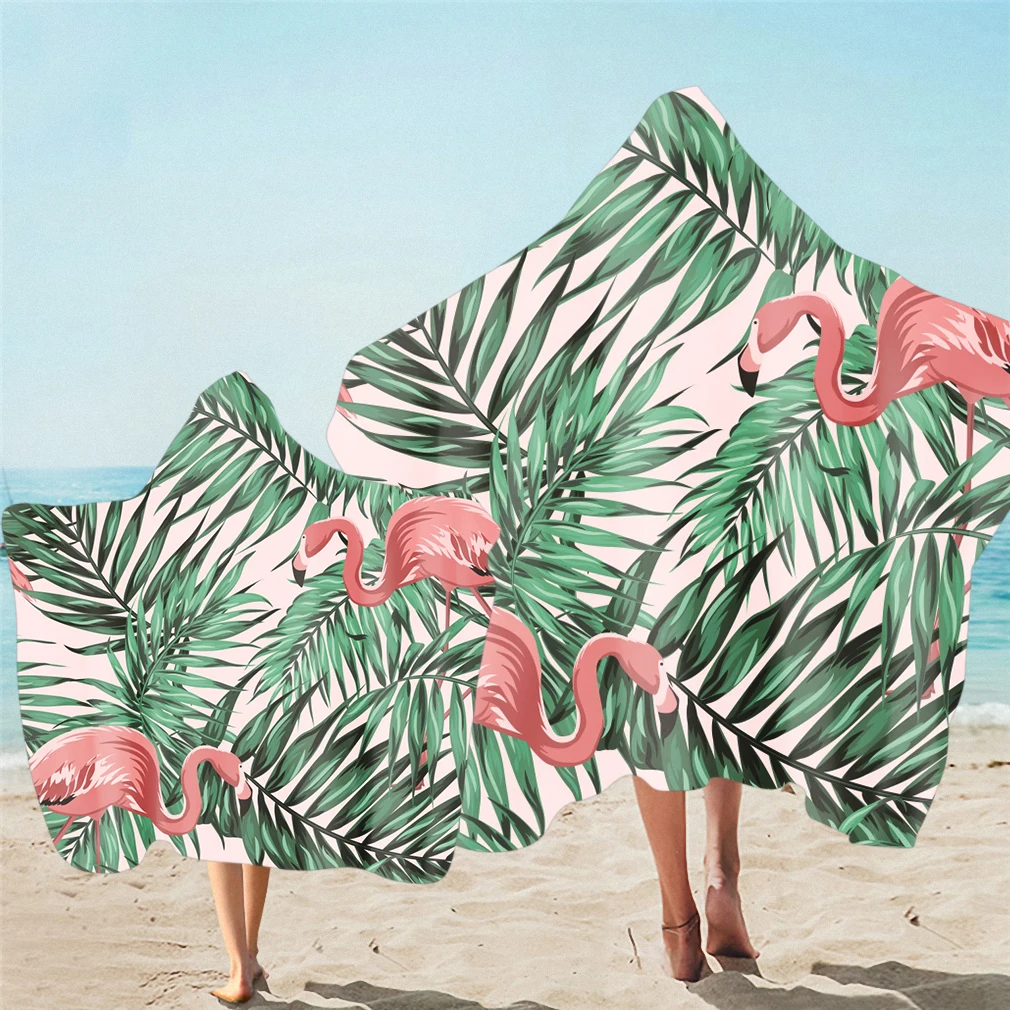 Unisex Hooded Beach Towel for Adult and Kid,Tropical Flower,Flamingo,Toucan for Swim,Surf,Gym,Spa,Drop Shipping,Holiday Gift