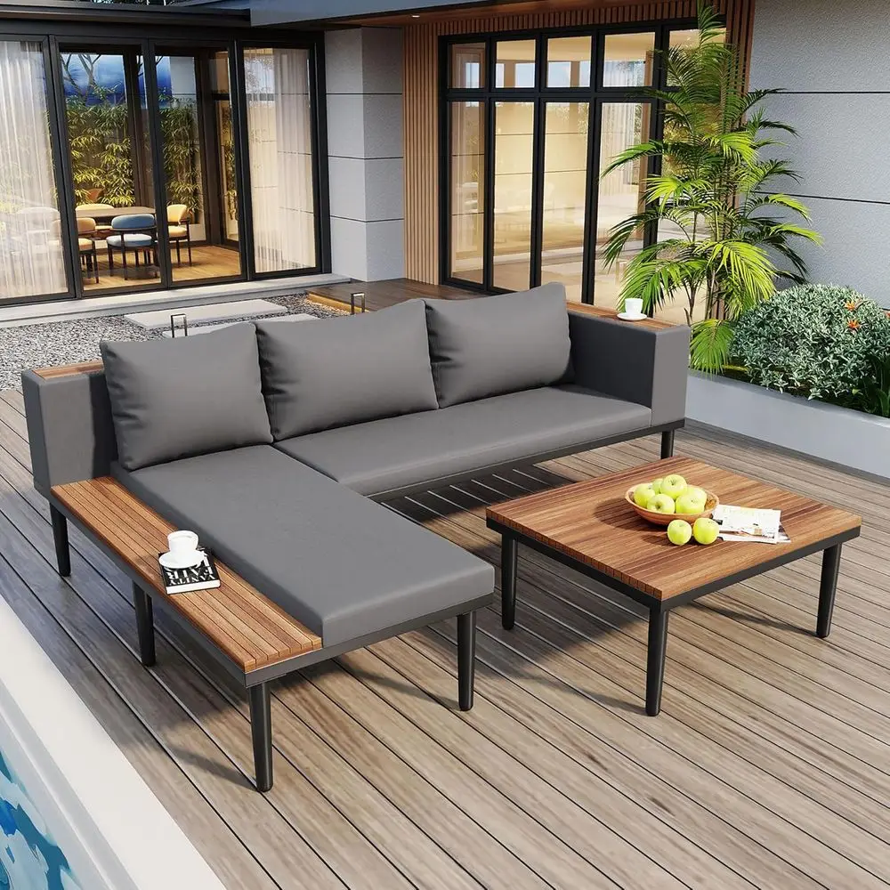 

Luxury Acacia Wood Outdoor Sectional Sofa Set with Cushions, Coffee and Side Tables for Patio, Porch (Gray/17)