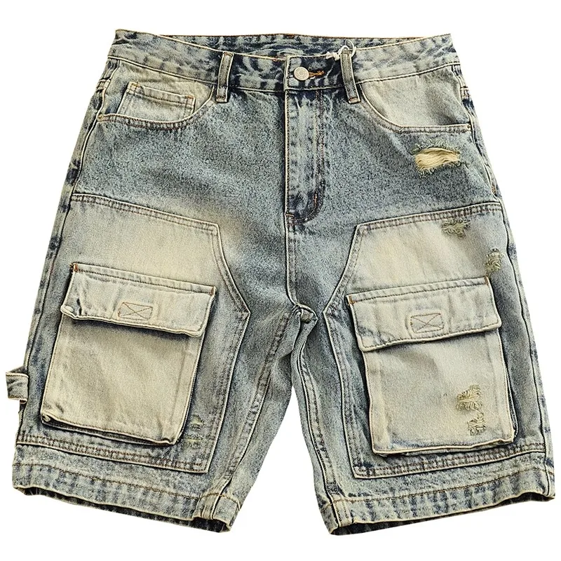 Pantalones cortos de mezclilla de verano Wshed, pantalones cortos desgastados rasgados, pantalones cortos de vaquero sueltos con múltiples bolsillos para hombre