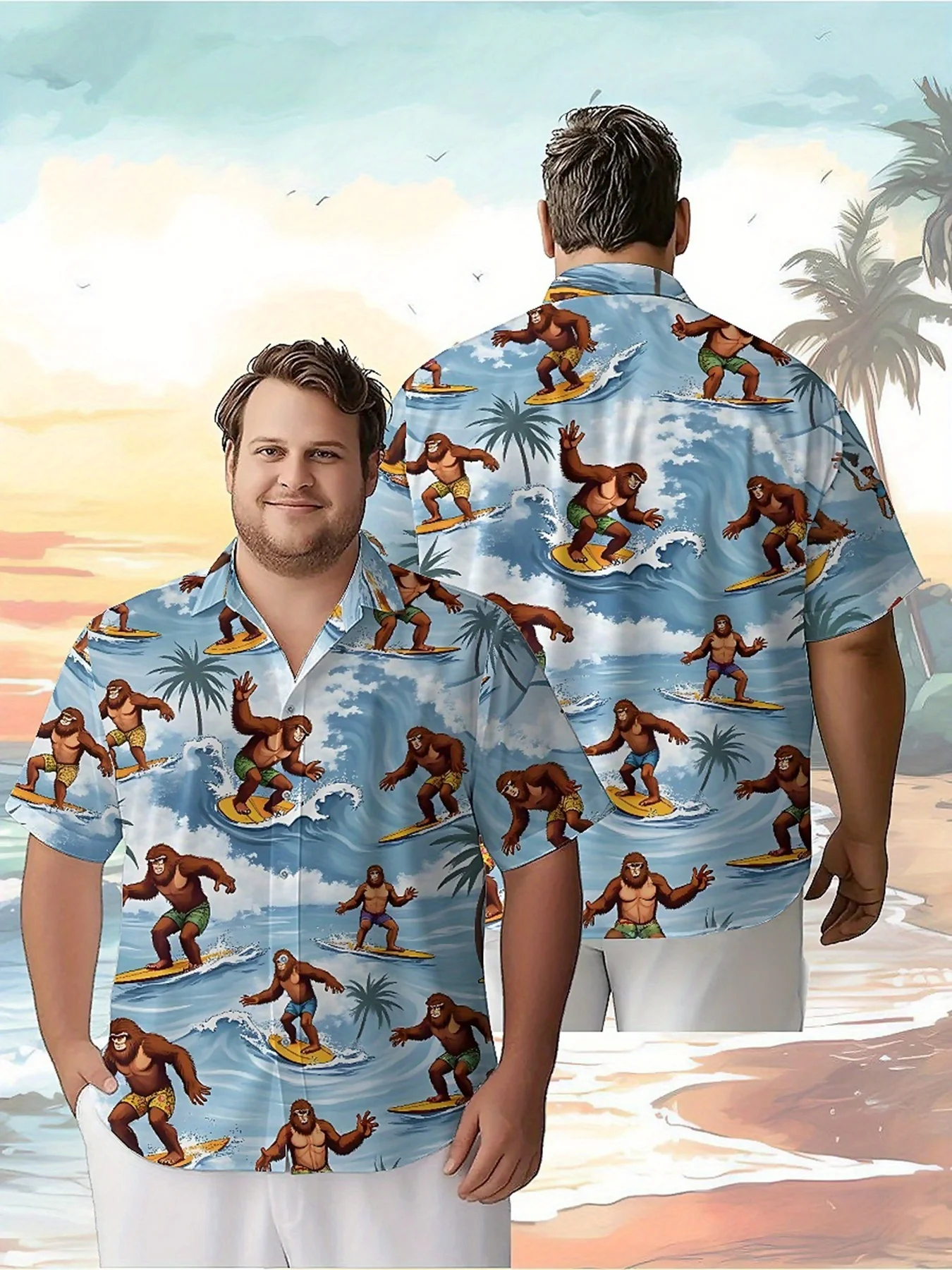 

Men's Plus Size Hawaiian Shirts Sasquatch Surfing pattern, Fashionable Aloha Shirt, Summer Casual Top,3D Unisex Clothes
