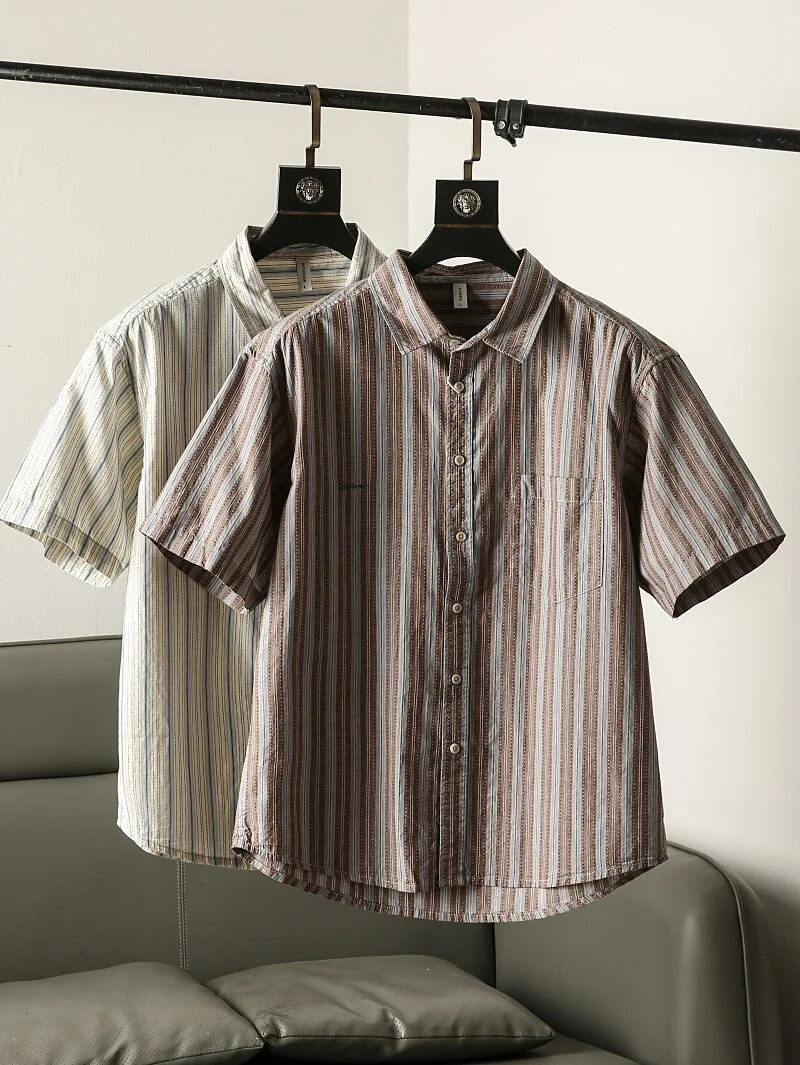 

Summer New Washed Cotton Striped Men's Casual Shirt Loose Fit Short Sleeve Breathable Youthful Style Japanese Retro Design