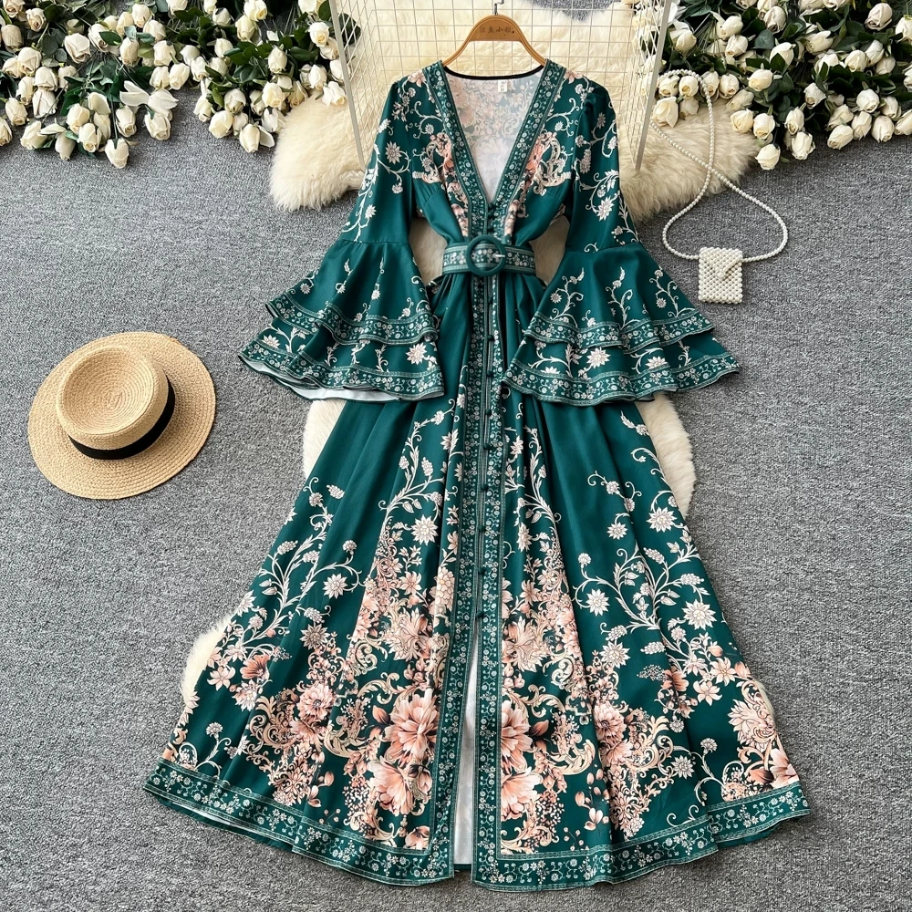 

French Vintage Paisley Prom Long Dress for Women's V-Neck Flare Sleeve Floral Print Single Breasted Belt Maxi Party Vestidos