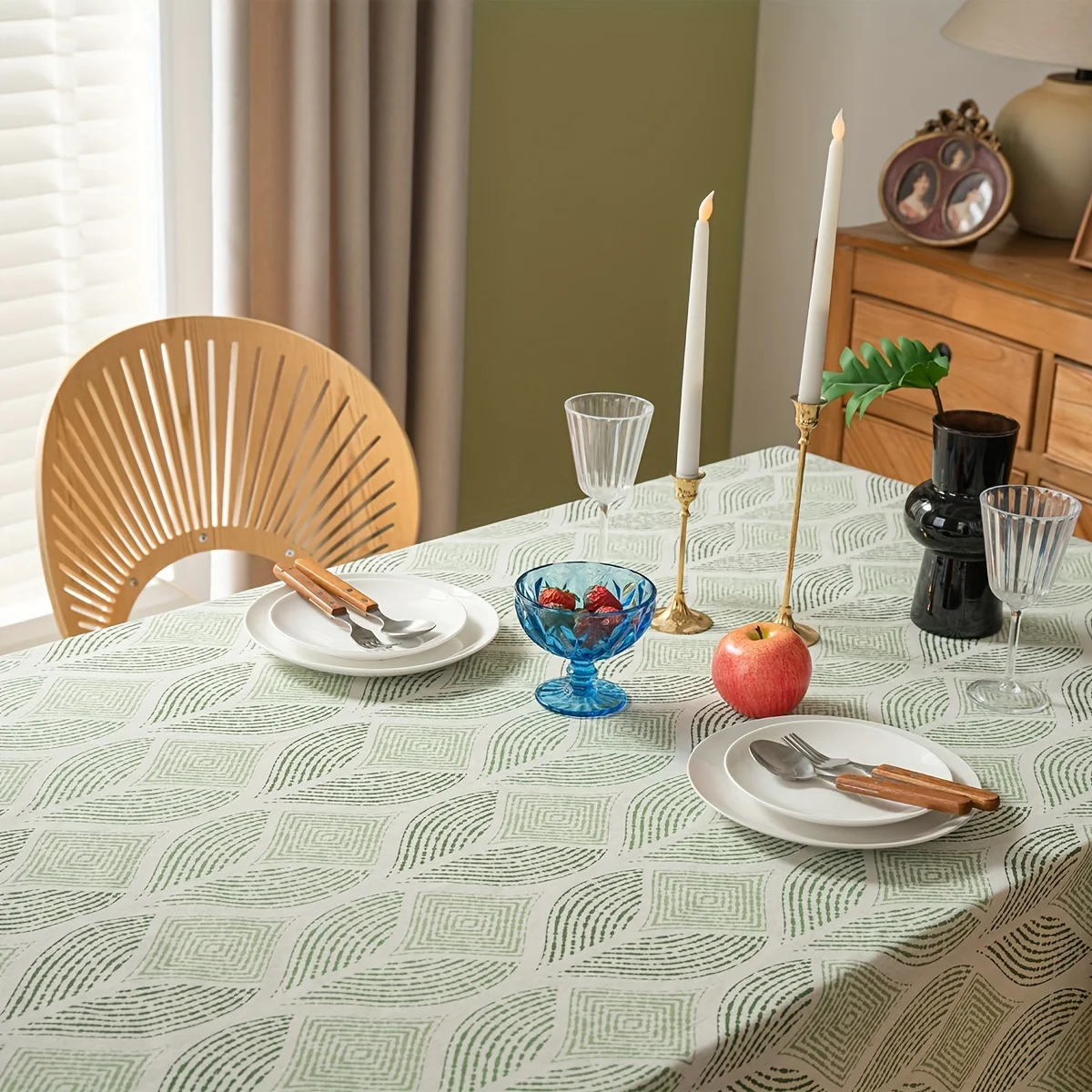 1pc Green Line Rhombus Pattern Tablecloth for American Minimalist Country Style Decoration