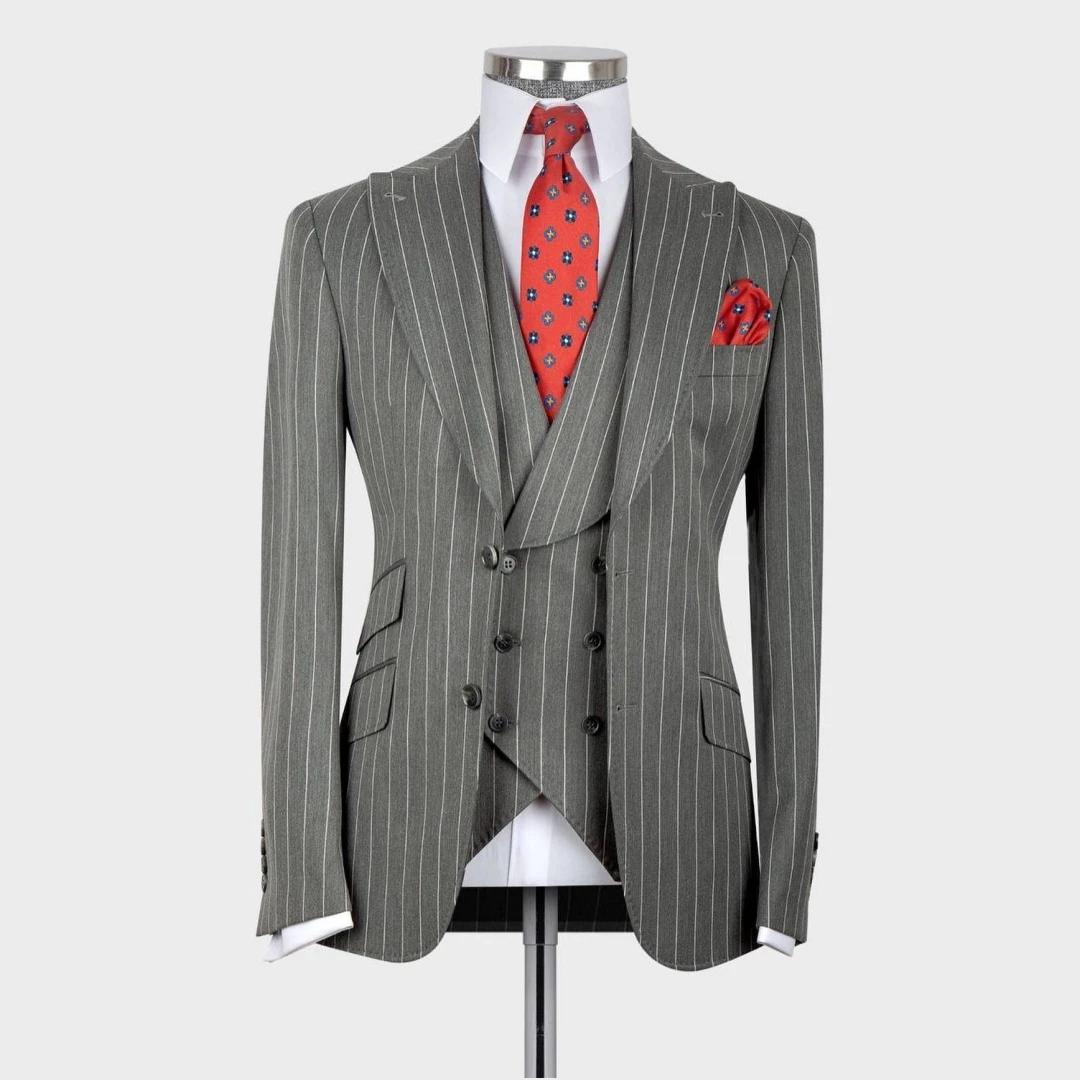 Costume Classique à Rayures Grises pour Homme, Smoking de Marié de Mariage, Blazer Formel, Bureau, 3 Pièces