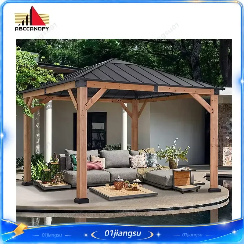 11x11ft Wooden Pergola Gazebo Cedar Frame Outdoor Pavilion Arbour Waterproof Garden Canopy Shade Structure Backyard Decor