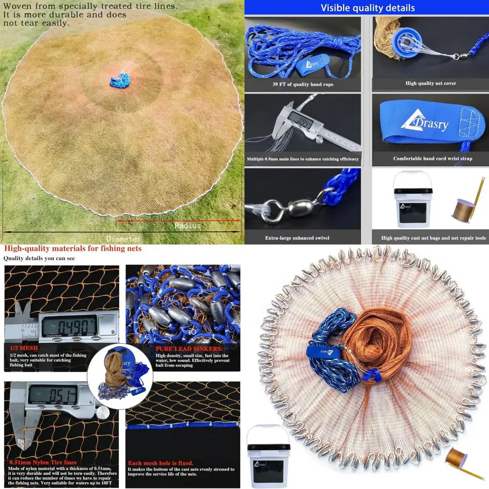 1/2 شبكة صيد الأسماك في المياه المالحة لمصيدة الطعم مع شبكة رمي السمك لغطاس الرصاص. حجم 3ft/4ft/5ft/6ft/7ft/8ft/9ft نصف القطر للمياه العذبة #1