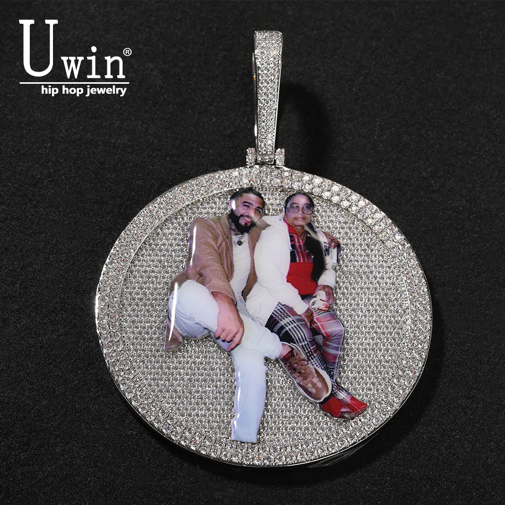 

Uwin Custom Memory Photo Round Medallion Iced Out Pictures Pendant Necklace Paved CZ Engrave Back Men Women Hiphop Jewelry