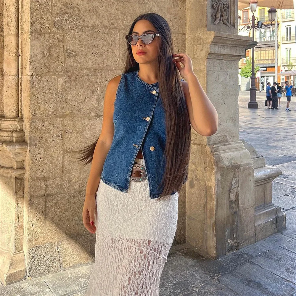 PB&ZA2024 autumn new women\'s clothing fashionable temperament waist cinching and slimming denim sleeveless round neck vest
