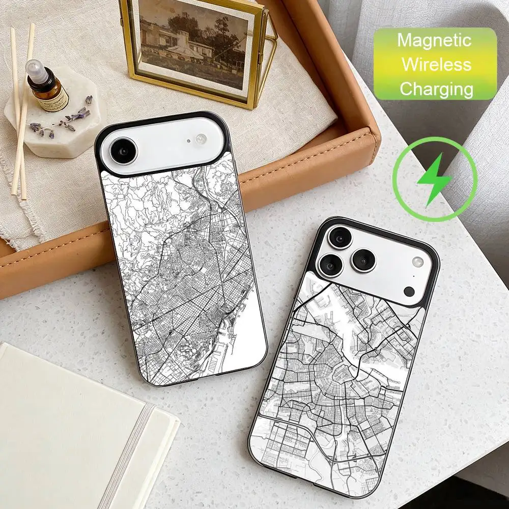 

Famous City Sketch City Map Phone Case For iPhone17,16,15,14,13,12,11 Max Black Wireless Charging Protecitve Cover