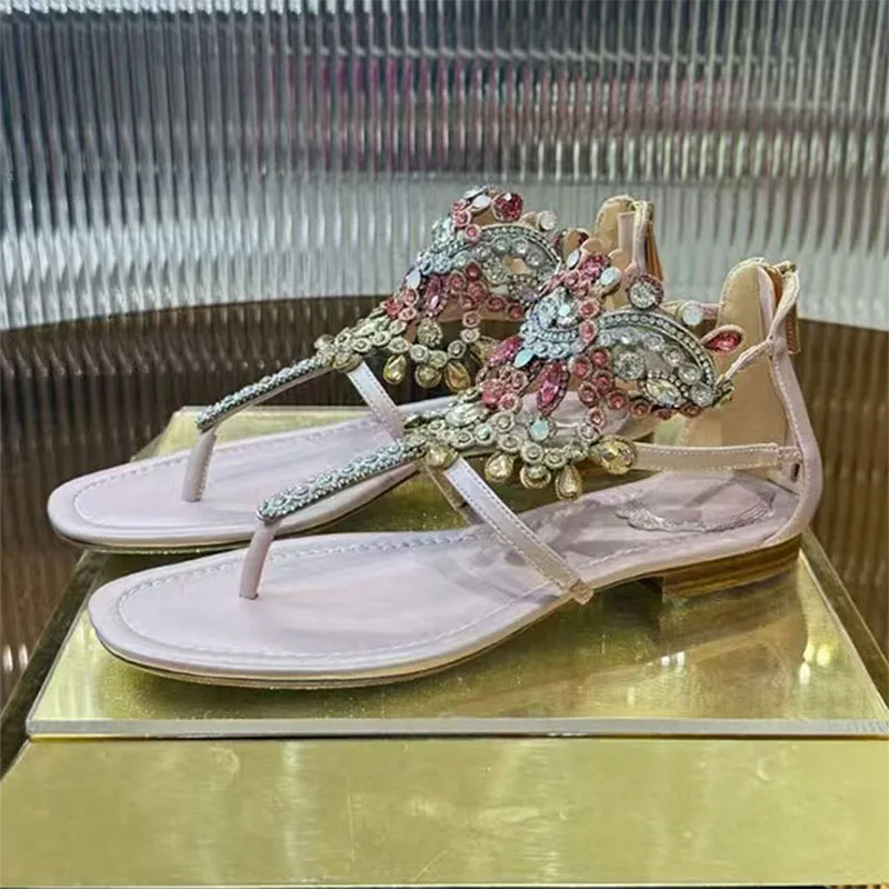 

New Modern Sandalias For Woman Rhinestone Narrow Strap Rome Flat Shoes Woman White Pink Flip Flops Sandals Women