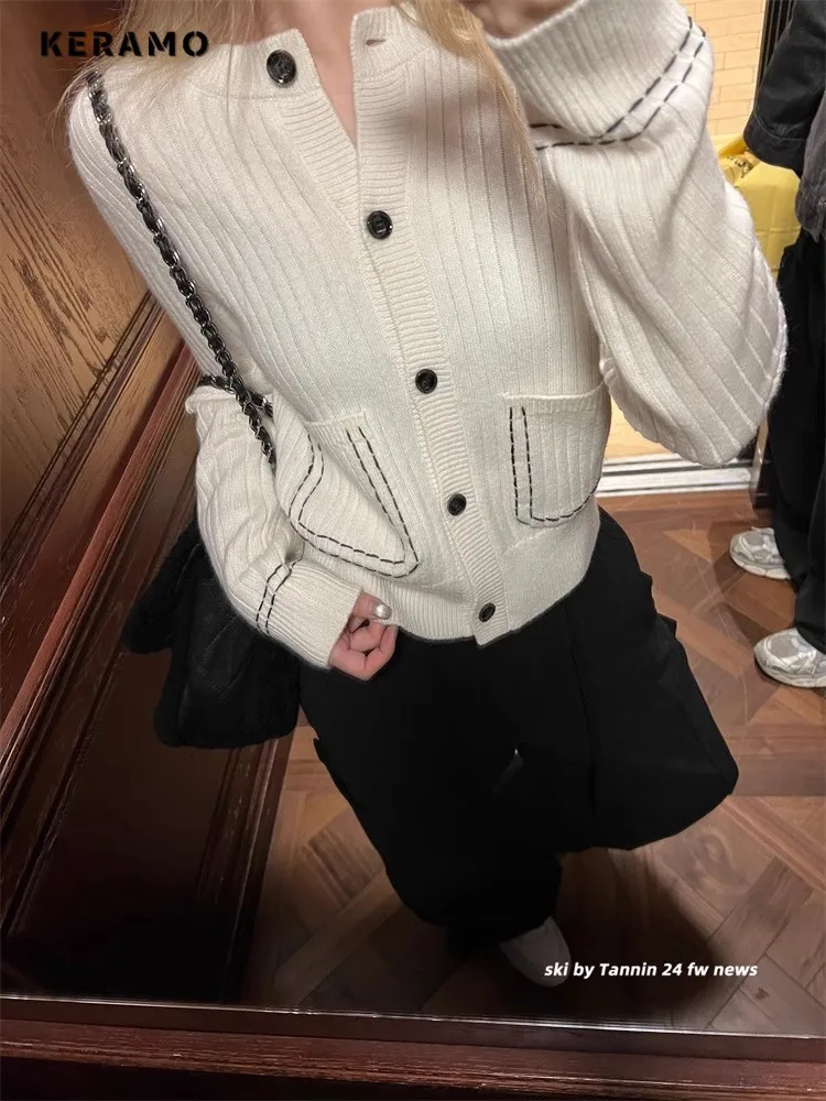 

Осень 2025 г., повседневный вязаный свитер с круглым вырезом, жилет для женщин, летние винтажные шикарные белые джемперы с длинными рукавами и полосатым принтом