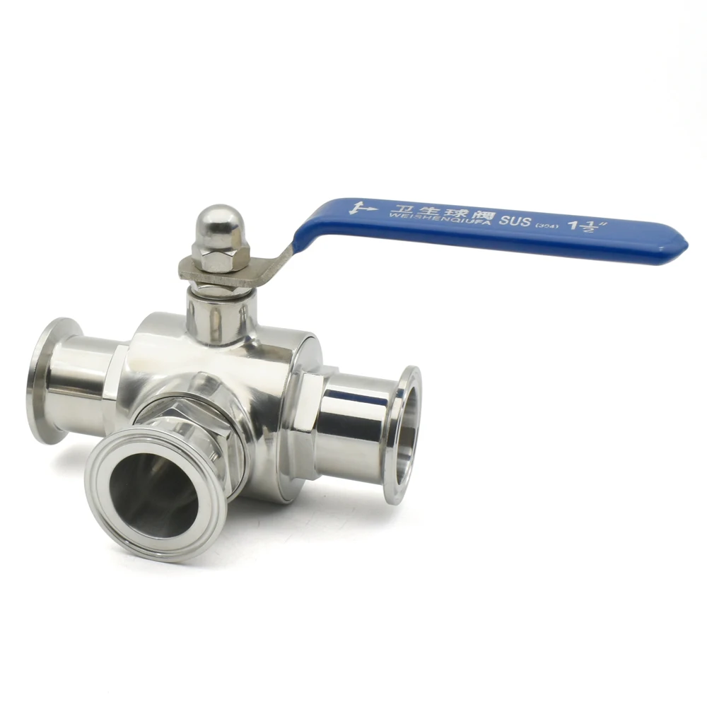 19/25/32/38/45/51mm SS304/316L Stainless Steel Sanitary Grade T-shaped Three-way Ball Valve, T/L Port Ring Type OD50.5/64mm