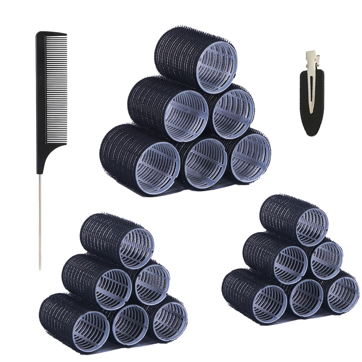 مجموعة تصفيف مكونة من 29 قطعة، 18 مكاوي تجعيد ذاتية التثبيت، 10 مشابك شعر، مشط واحد، خاصة لشعر مستعار حقيقي