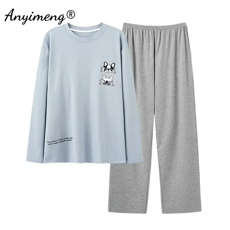 Conjunto de Pijamas de L-4XL para hombre, ropa de dormir informal de algodón tejido para otoño e invierno, Pijamas de longitud completa, Pijamas