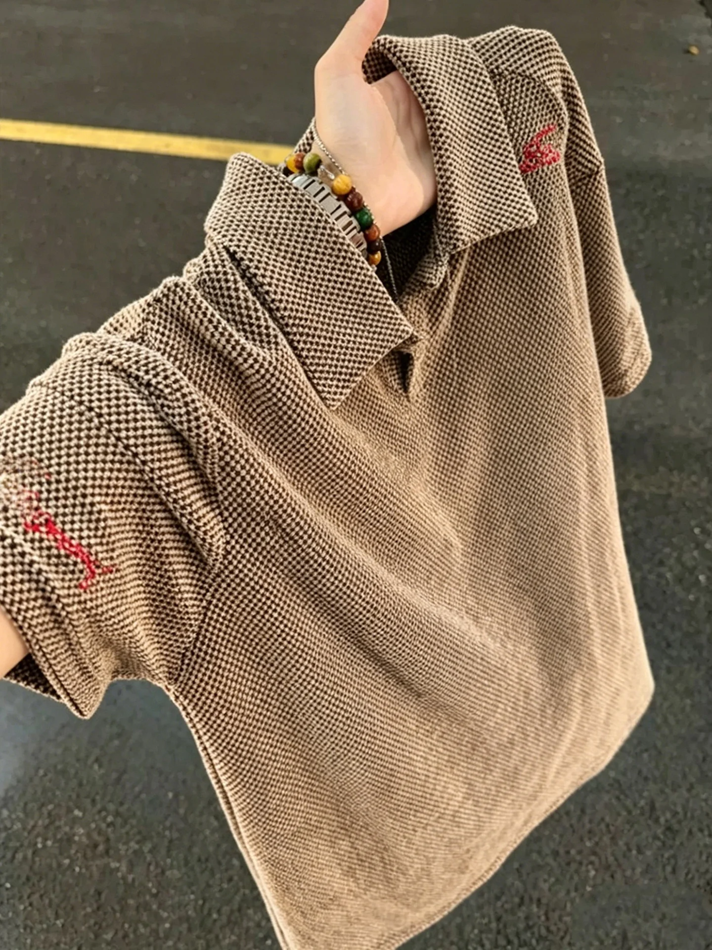 Lightweight Breathable Brown Dragon Scale Embroidery  Shirt Short Sleeve Men Summer T-Shirt Honeycomb Texture Collar Half...