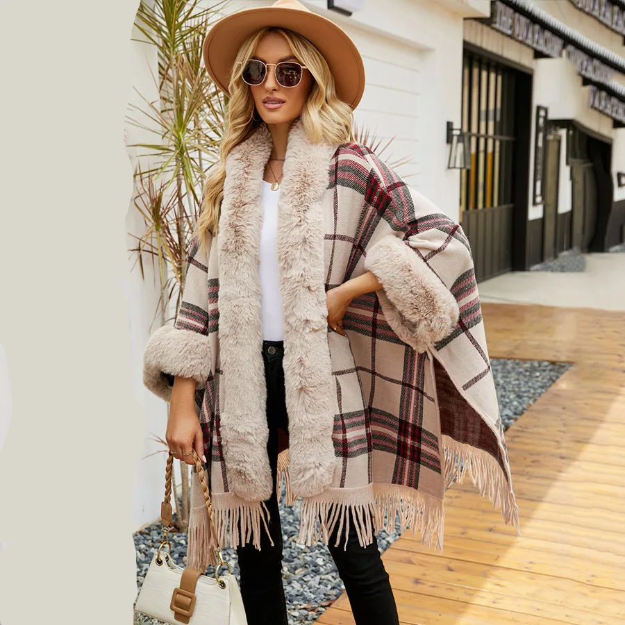 

Fashion Loose Slim Knit Wool Blends Faux Fur Cape Outerwear Hood Women Autumn Winter Long Cardigan Cloak Coat Travel Wraps